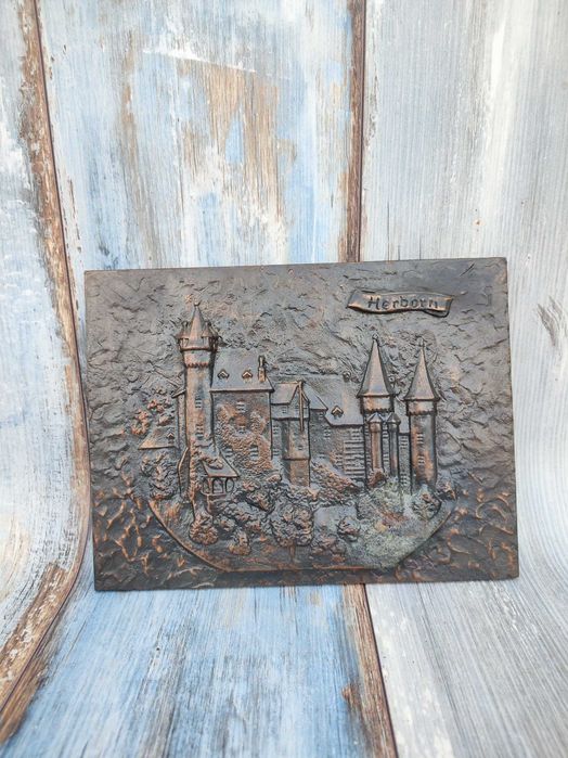 Stary żeliwny relief płaskorzeźba odlew - miasto