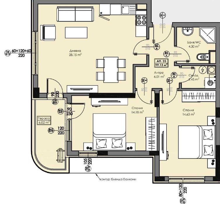 Квартира 2+1, 99,13 м², комплекс Azimut (Atlas 2), Болгарія, Бургас