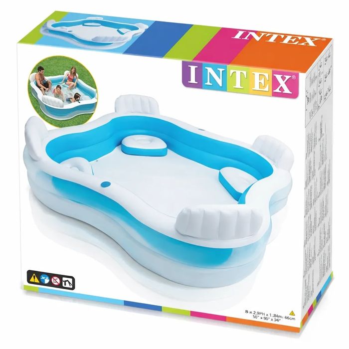 Дитячий надувний басейн Intex 56475 (229×229×46 см) блакитний квадратний з сидіннями сімейний басейн для дітей дачі