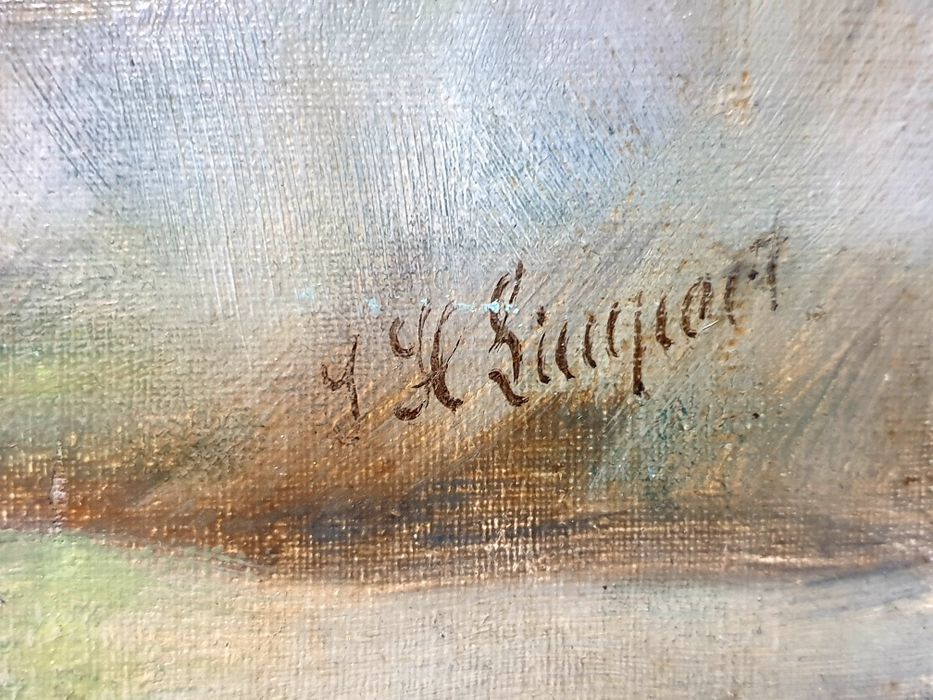 Antiga pintura de um cão Dachshund em óleo sobre tela assinada