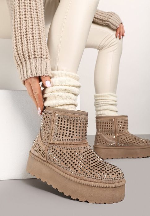 Beżowe Śniegowce na platformie z cyrkoniami R 37