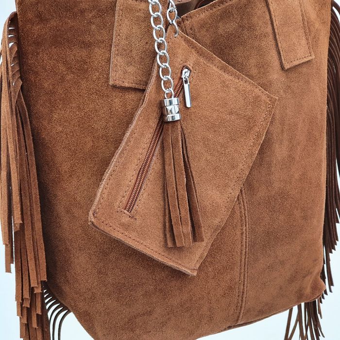 VERA PELLE torebka damska zamszowa shopper z frędzlami V460 brązowa