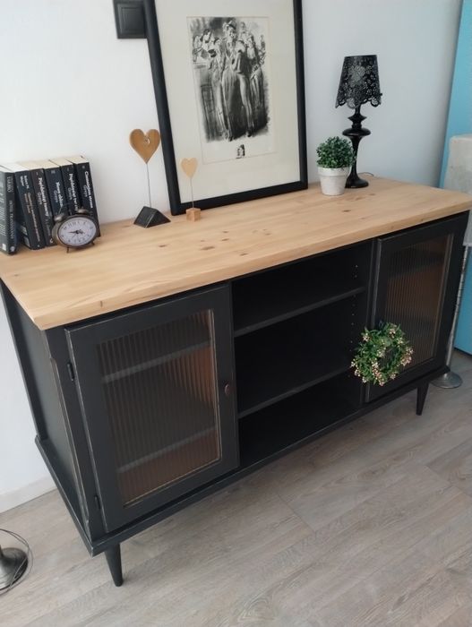 Komoda lite drewno ryflowane szyby