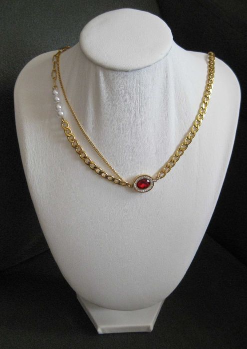 Colar Aço Malha Grossa c/ Perolas e Pedra Vermelha NOVO - SALDO