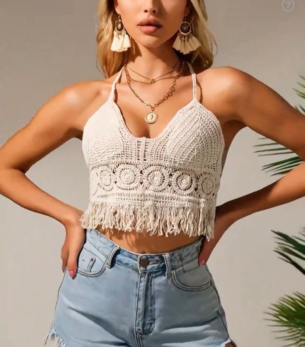 S/Ma Boho frędzle szydełko seksowny top top wiązany na plecach na plażę