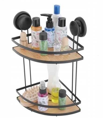 Półka ścienna łazienkowa narożna PRZYSSAWKI BEZ dziur bambus kosmetyki