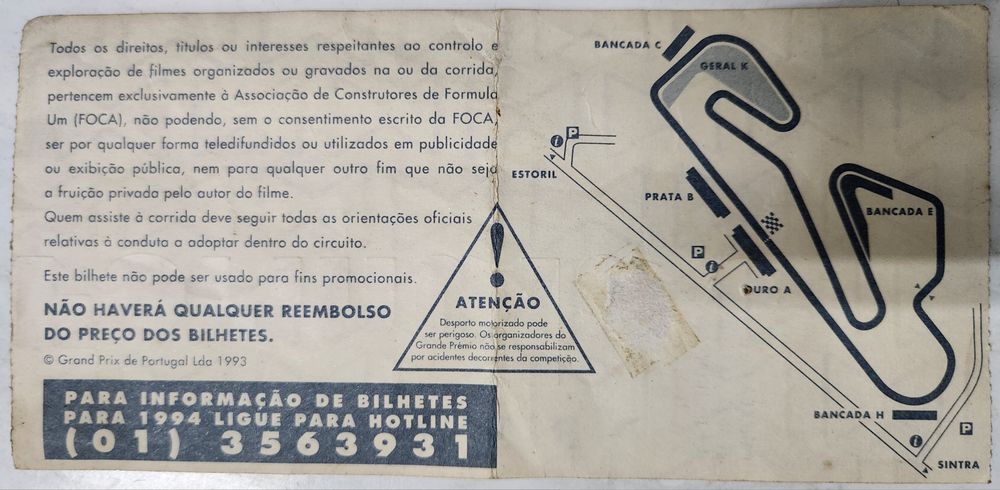 Bilhete de Fórmula 1 Estoril 1993 com foto de Ayrton Senna