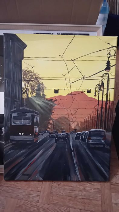 obraz ręcznie malowany na płótnie ulica tramwaj