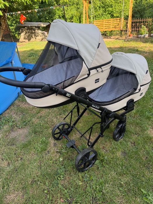 Коляска універсальна для двійні 2в1 Bair Kiwi DUO ECO (рюкзак, дощовик, москітна сітка) Сіро-бежева
