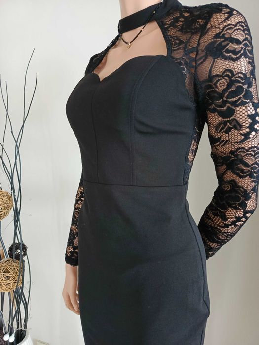 Sukienka czarna elegancka z chokerem koronką M mini ołówkowa