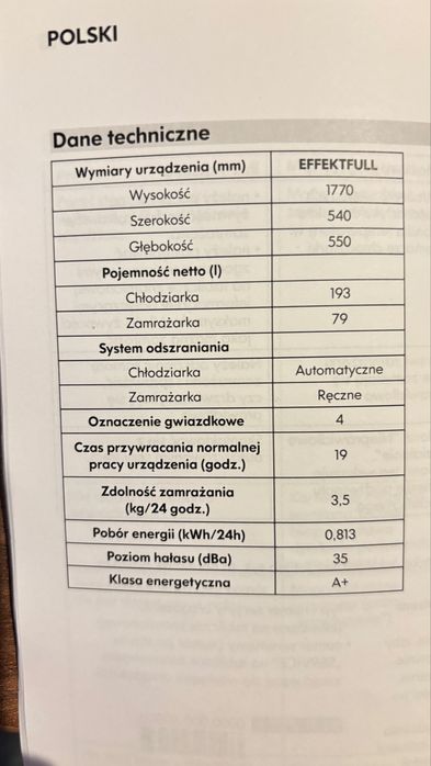 Lodowka Effectfull 1770x540x550 do zabudowy.