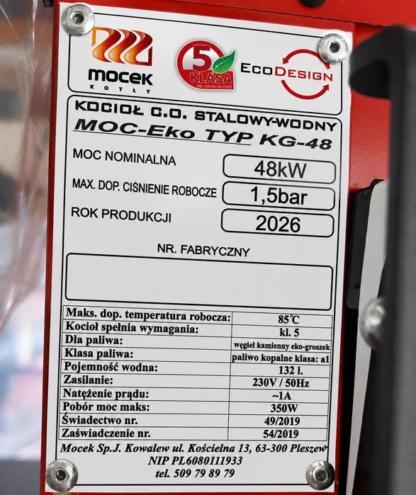 Kocioł na ekogroszek Mocek 48 KW z podajnikiem sterownik iryd 620 5 klasa drewno