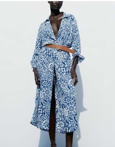 Vestido comprido estampado branco/azul c/cinto da Zara T: S (veste M)