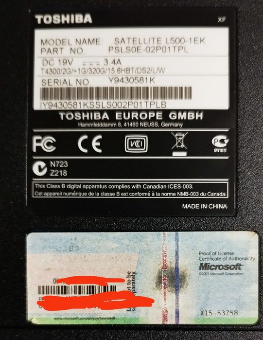 Laptop Toshiba Satellite L500 15,6" Pentium 2,1Ghz 4 + 2 GB RAM Win 10