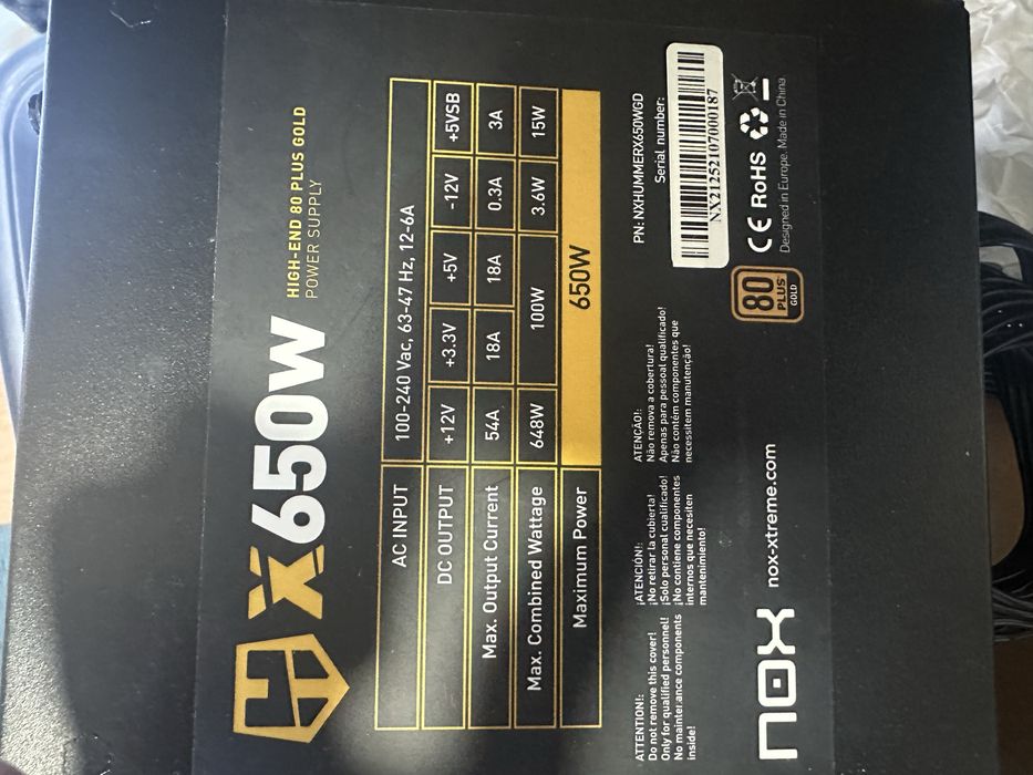 Fonte Alimentação Nox Hummer 650W 80+ Gold (Funciona mas com Ruido)