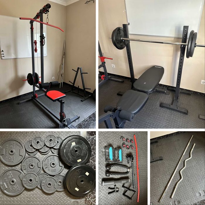 Ginásio completo com 96Kg em peso e vários acessórios.