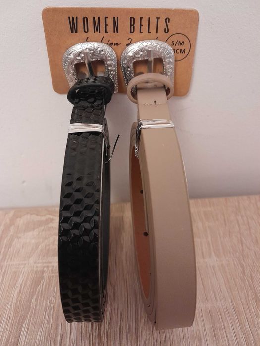 Nowe paski damskie, wąskie, beżowy i czarny_90 cm ( srebrne klamry)