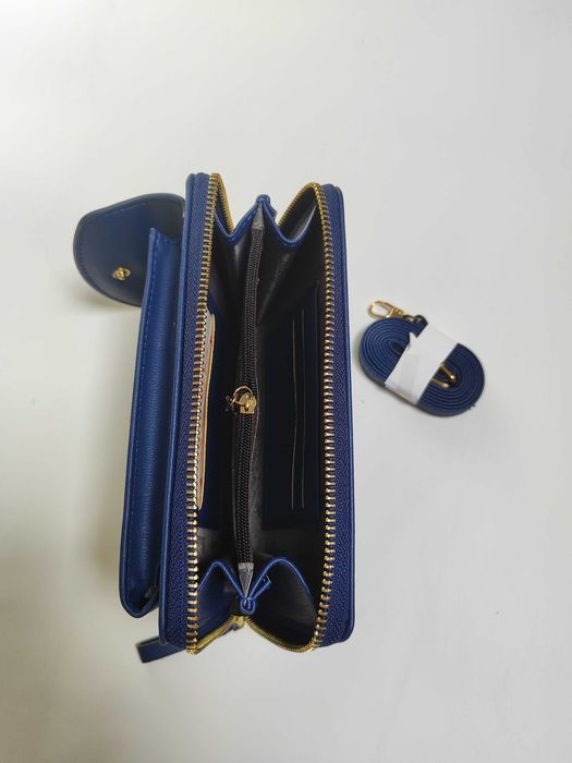 Portfel Mini Torebka Z Kieszenią Na Telefon Skóra Niebieski
