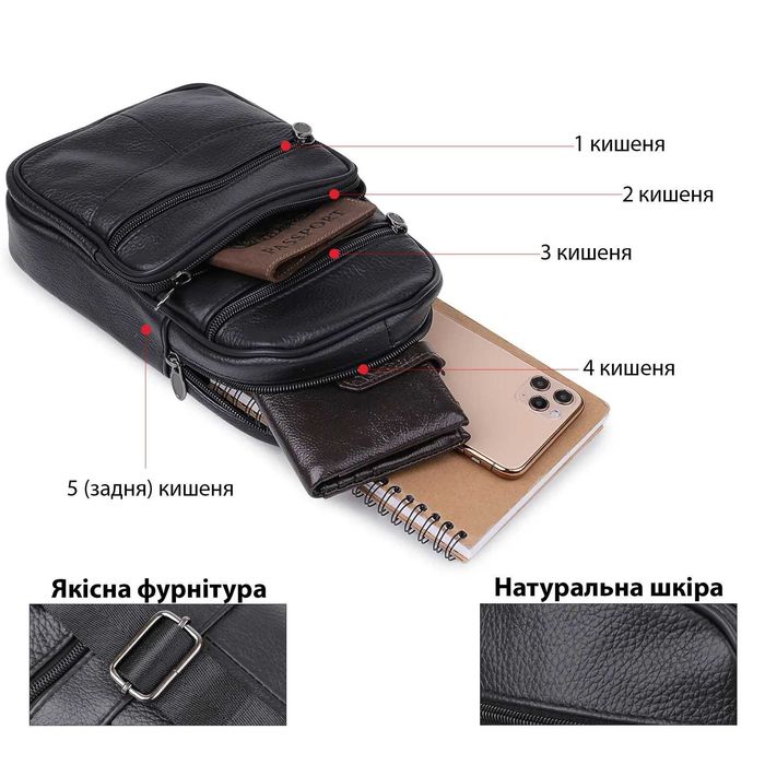 Качественная мужская кожаная сумка через плечо. Цвет: черный