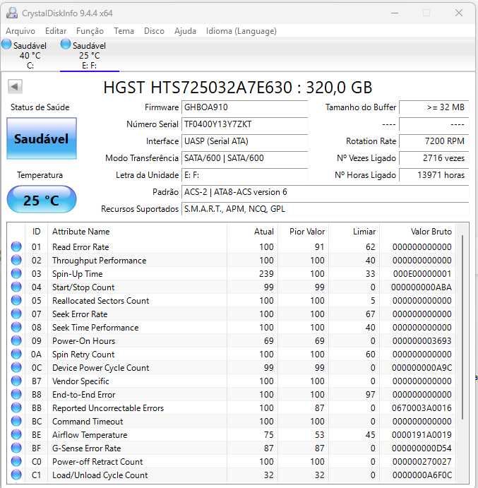 Disco 320gb Sata 2.5" HGST 7200RPM