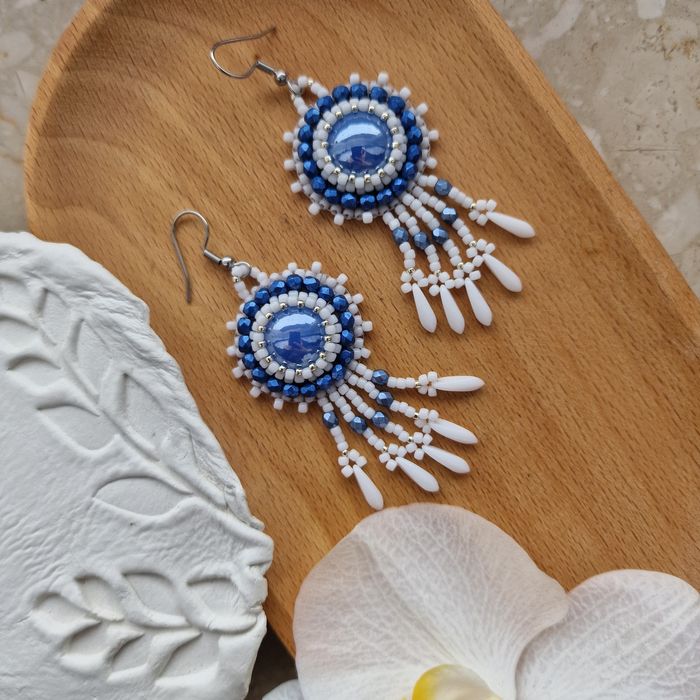 Długie kolczyki indiańskie niebieskie handmade
