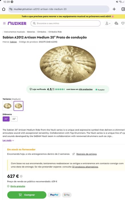 BARATO!!! Sabian Vault Artisan 20" Ride (Médio)