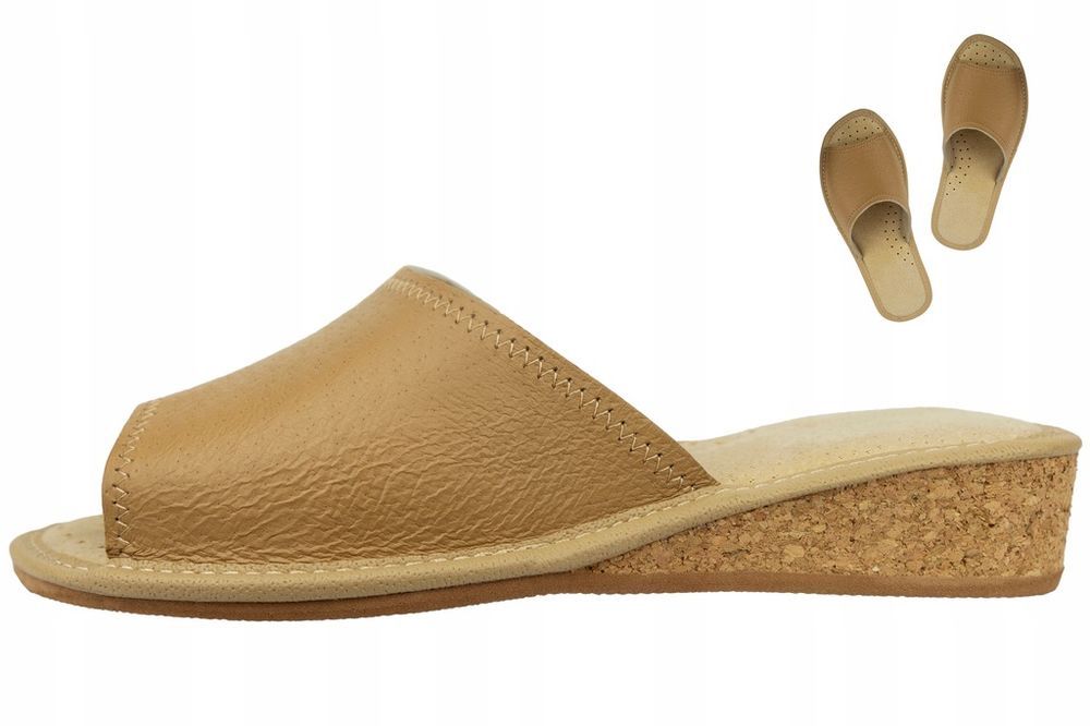 Kapcie Damskie SKÓRA NATURALNA Pantofle Wygodne POLSKIE na KOTURNIE