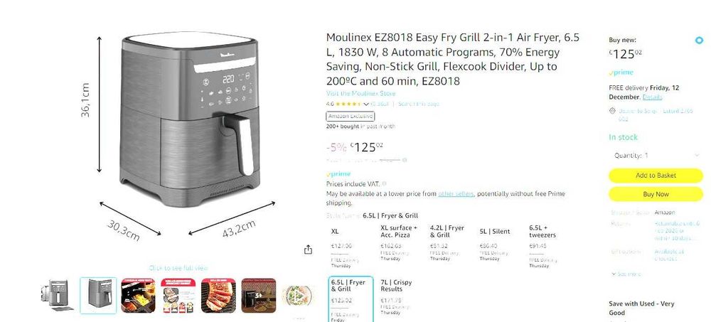 Moulinex EZ8018 Easy Fry Grill 2-in-1 Air Fryer, 6.5 L, 1830 W