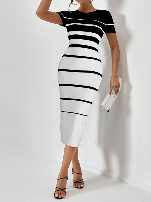 Sukienka Midi Ołówkowa Dopasowana W Paski Biało-Czarna Casual Shein S
