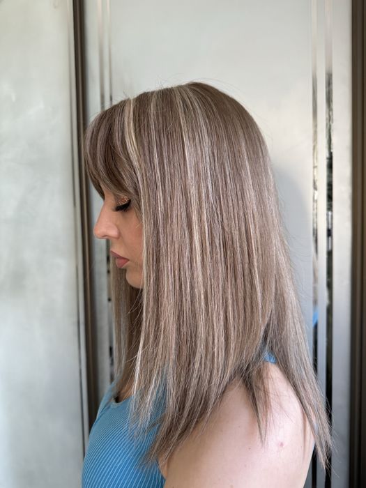 Парик с натуральных волос русый мелировка удлинённое каре с чёлкой