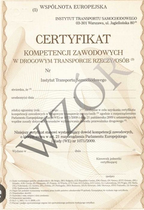 Użyczę certyfikat kompetencji zawodowych przewóz rzeczy