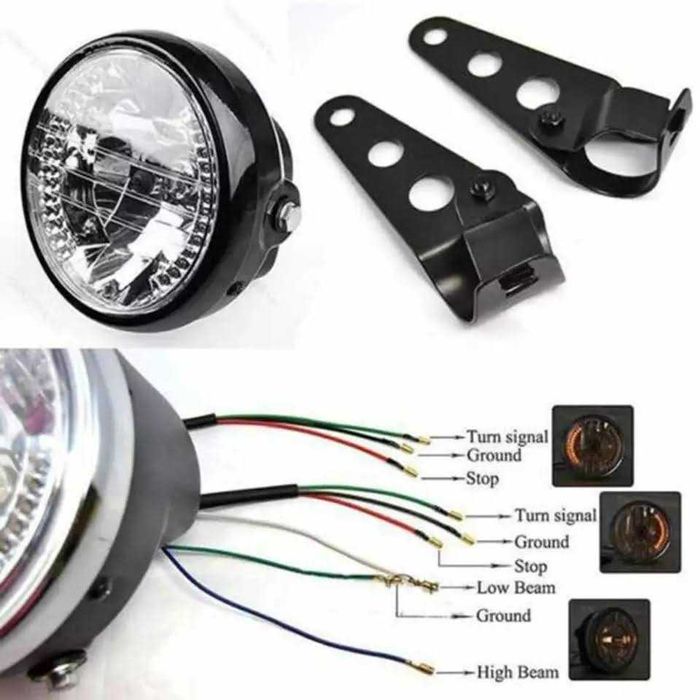 Farol frontal 7 pol lâmpada halogéno  piscas LED moto cafe racer