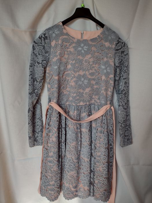 Szaro morelowa sukienka koronkowa wesele chrzest komunia