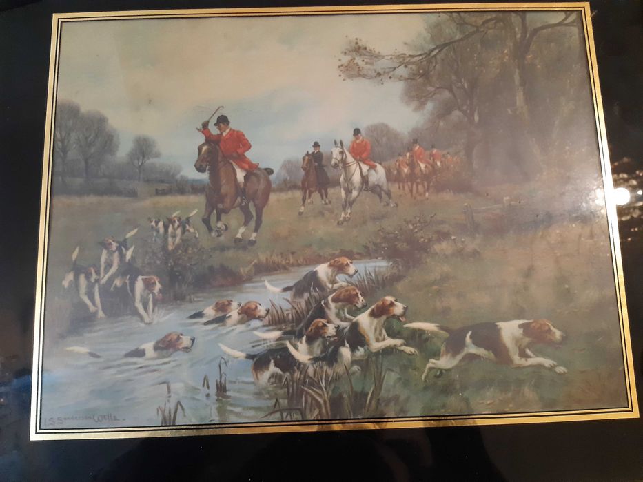 Quadro anos 1950, gravura Caça às Raposas,excelente estado conservação