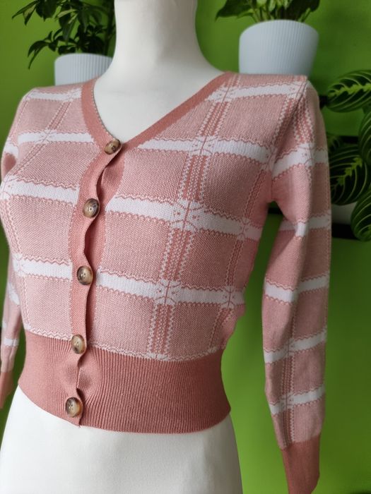 Krótki kardigan sweter kratka krata retro preppy wiskoza S 36