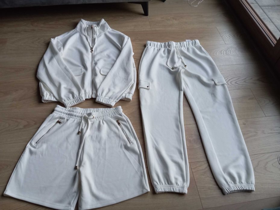 Biały kremowy komplet dresowy 3w1 bluza spodnie spodenki S