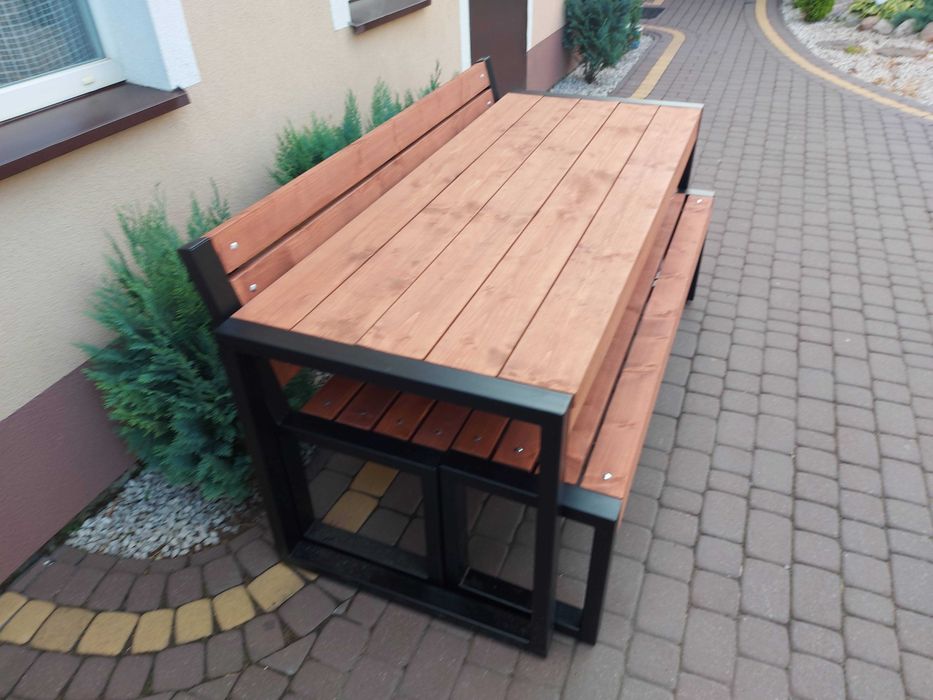 Meble ogrodowe nowoczesne LOFT stół 2 ławki drewniane metalowe profil