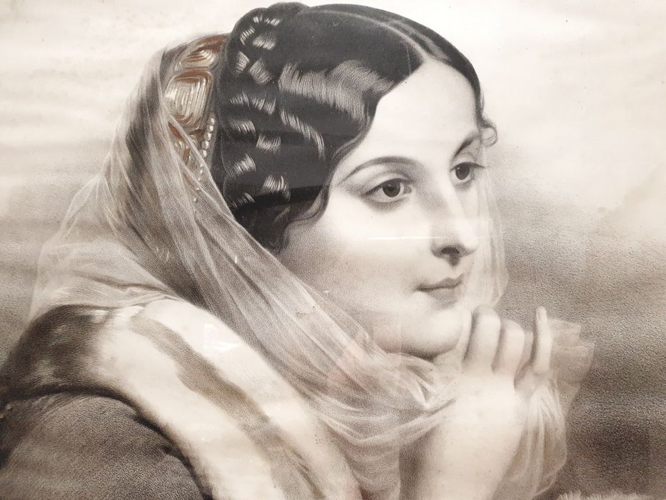 Grande antiga litografia francesa "retrato de uma mulher" emoldurada