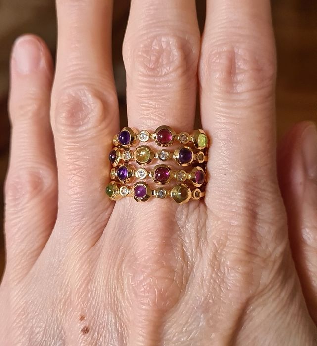 Pierścionek srebro 925 złocone, perydoty, ametysty, cyrkony