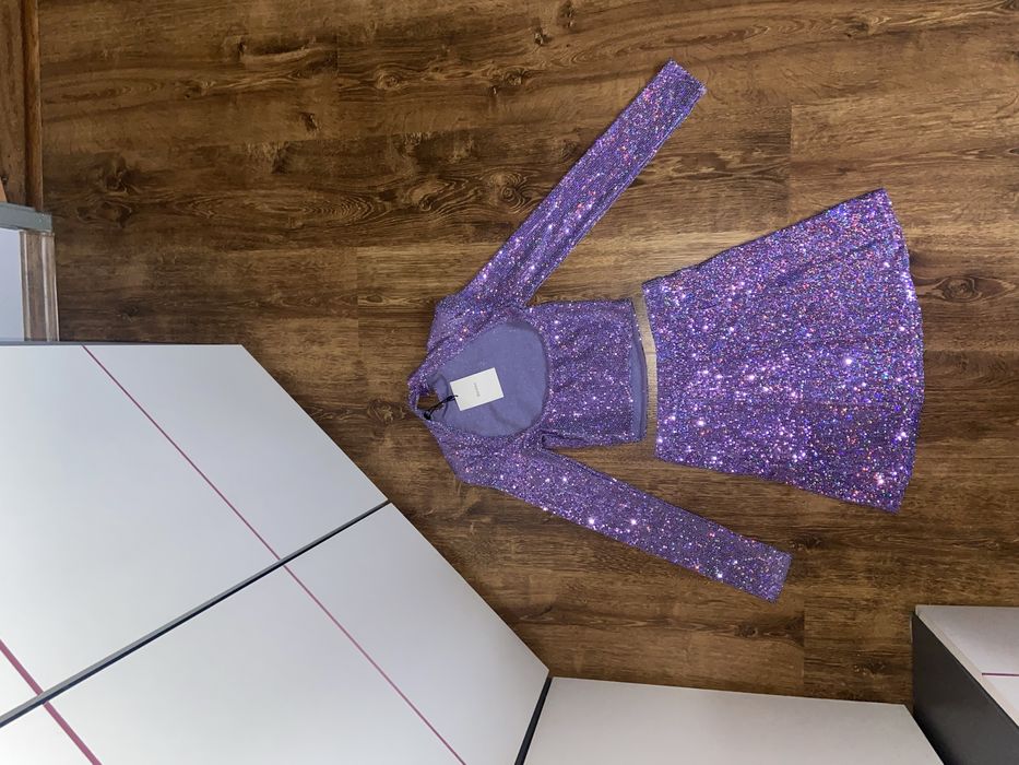 Brokatowy Cekinowy Zestaw Bershka XS Viral Sylwester Impreza Hit