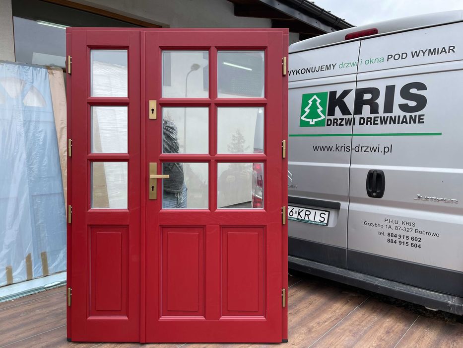 Drzwi zewnętrzne DREWNIANE Dwuskrzydłowe 7,5cm czerwone ocieplane