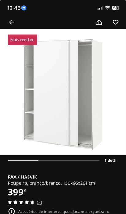 2 Roupeiros IKEA PAX + Portas HASVIK + Interiores KOMPLEMENT