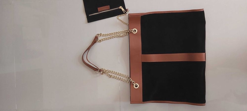 Mala shopper em pele genuína(preto e camel). Marca "Eureka"