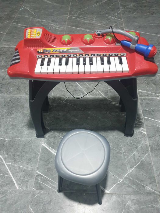 Piano/Órgão Eletrónico com Banco e Microfone Vermelho