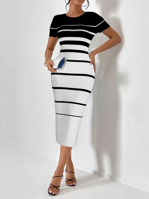 Sukienka Midi Ołówkowa Dopasowana W Paski Biało-Czarna Casual Shein S