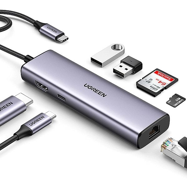 Adapter Ugreen CM512, 90568 USB-C - 2x USB-A 3.0 / HDMI / RJ45 / czytn
