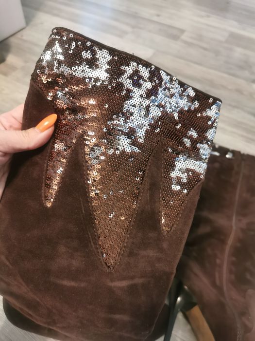 Buty długie cekiny cyrkonie czarne szpilka brązowe zamsz