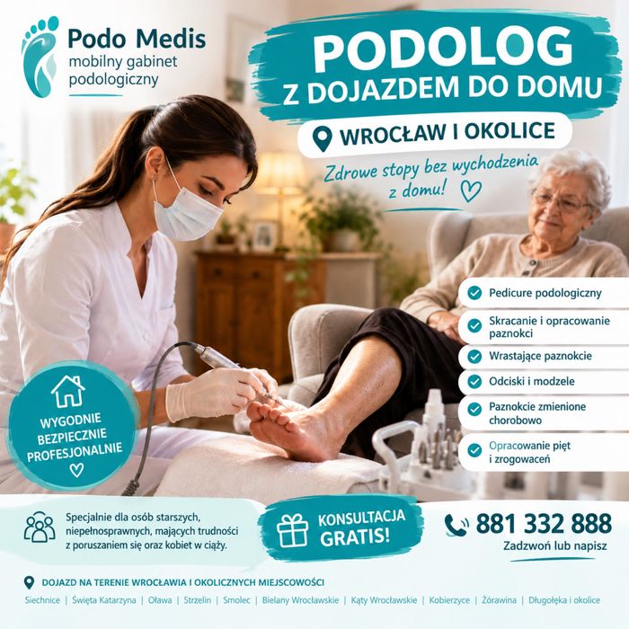 Podolog Wrocław i okolice | Dojazd do pacjenta | Podologia mobilna | Podolog z dojazdem | Obcinanie paznokci, odciski, modzele
