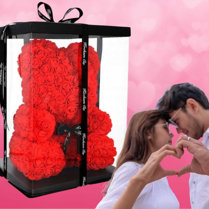 Duży różany miś 25cm płatki róż + pudełko prezentowe