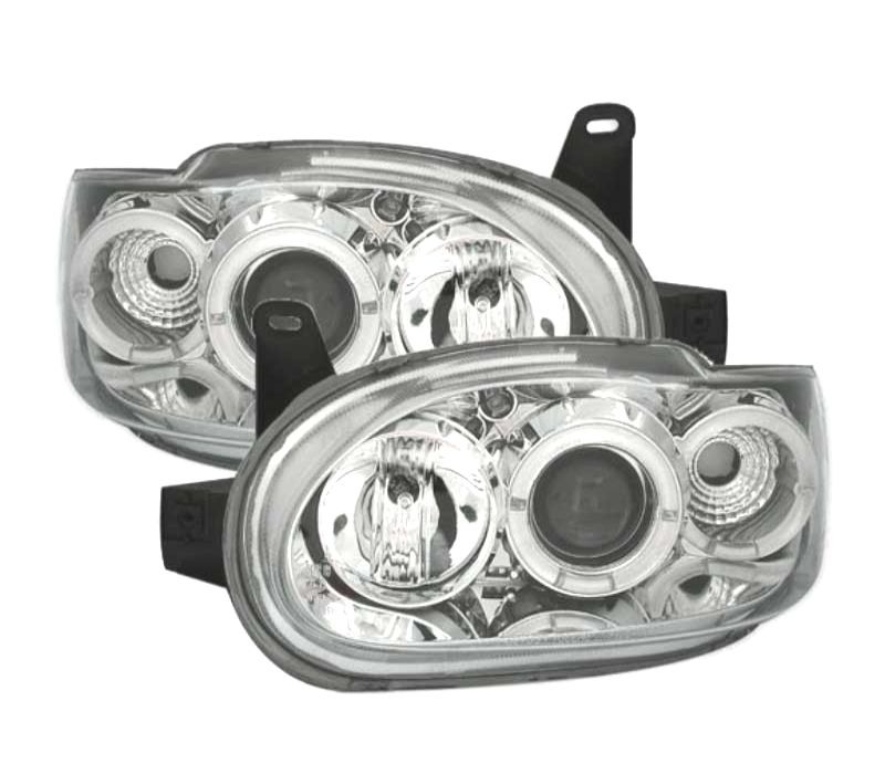 FARÓIS FRONTAIS ANGEL EYES PARA FORD ESCORT 95-99. FUNDO CROMADO